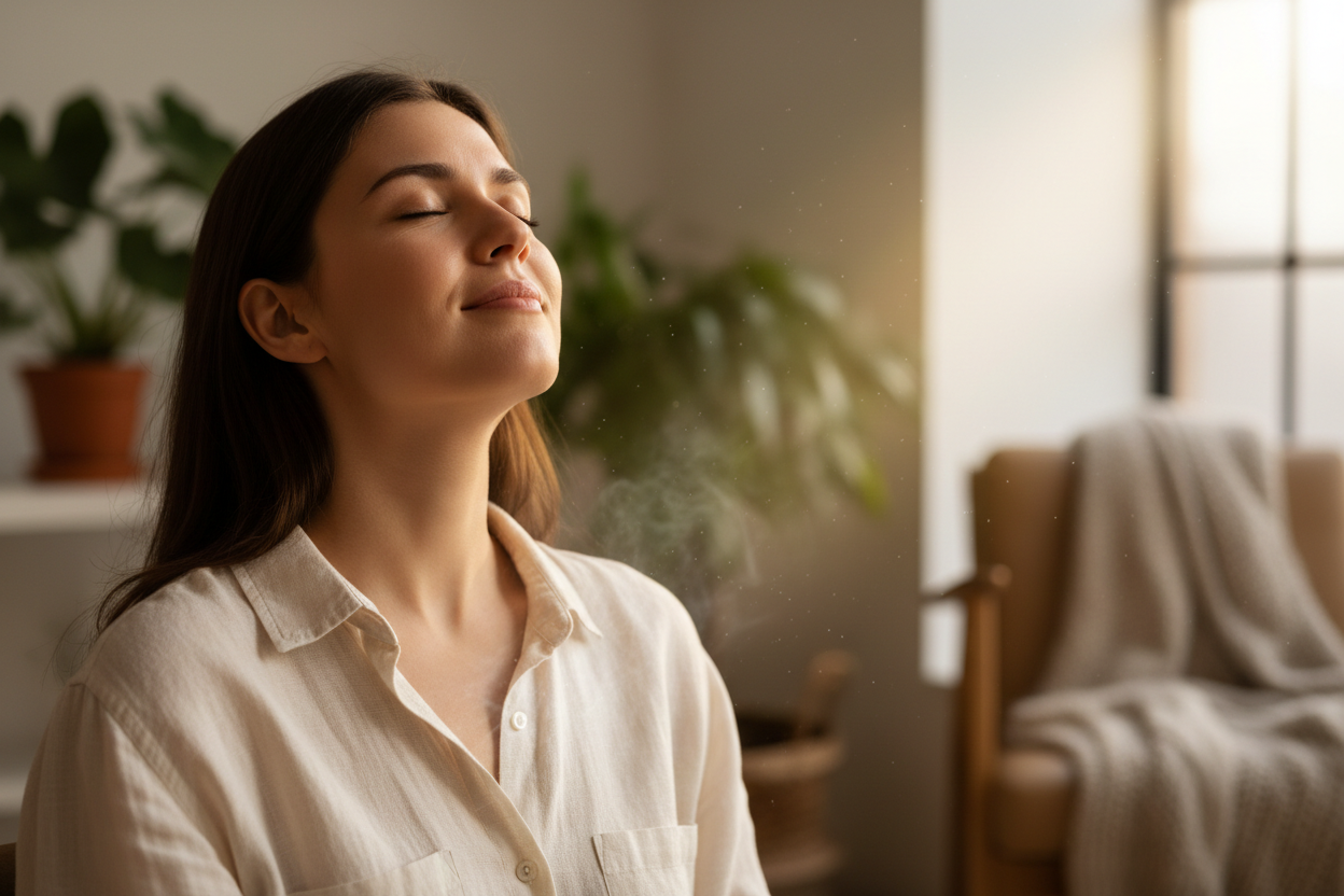 Taking a deep breath after a calm moment of stress relief